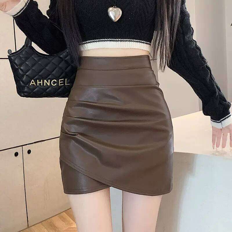 Office Lady Casual Women Autumn Winter Pu Leather Skirt Korean New Fashion Solid Coffee Irregular High Waist Slim Skirts 2024 XJ260309