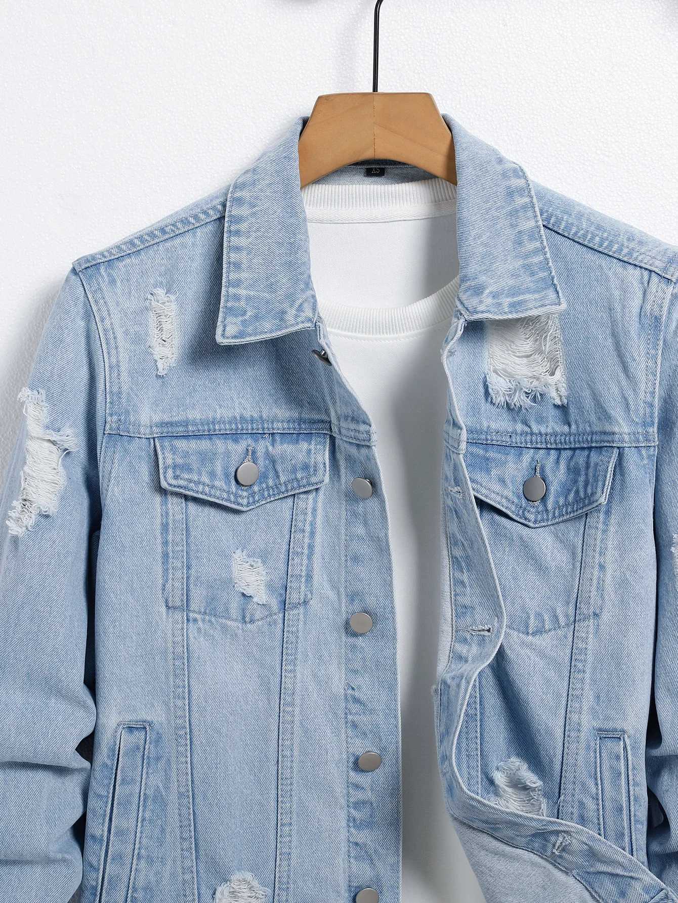 Mens light blue ripped denim jacket Stylish and trendy Street casual M260309