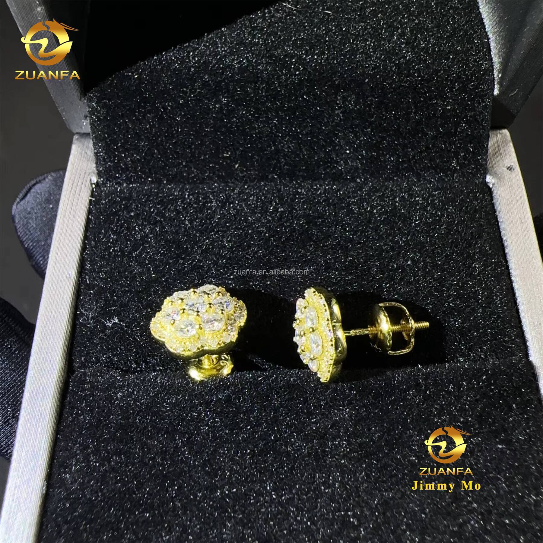 Pass Diamond Tester Drop Shipping Men Iced Out Hip Hop Sterling Silver 925 Screw Back Moissanite Flower Shape Cluster Earrings
