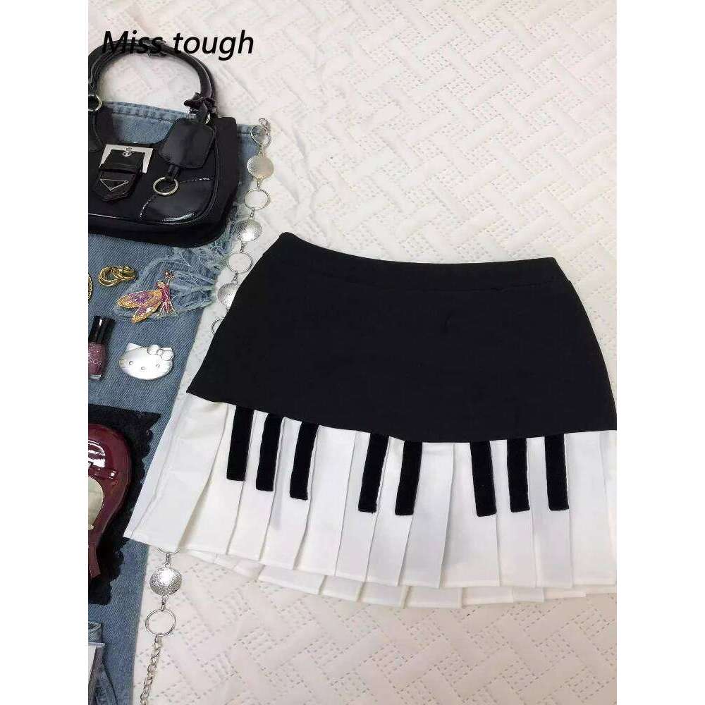 Spring Black White Spliced Women Short 2025 Y2k Slim Design Harajuku Mini Skirt Female Empire Korea Fashion Chic Outfits XJ260309