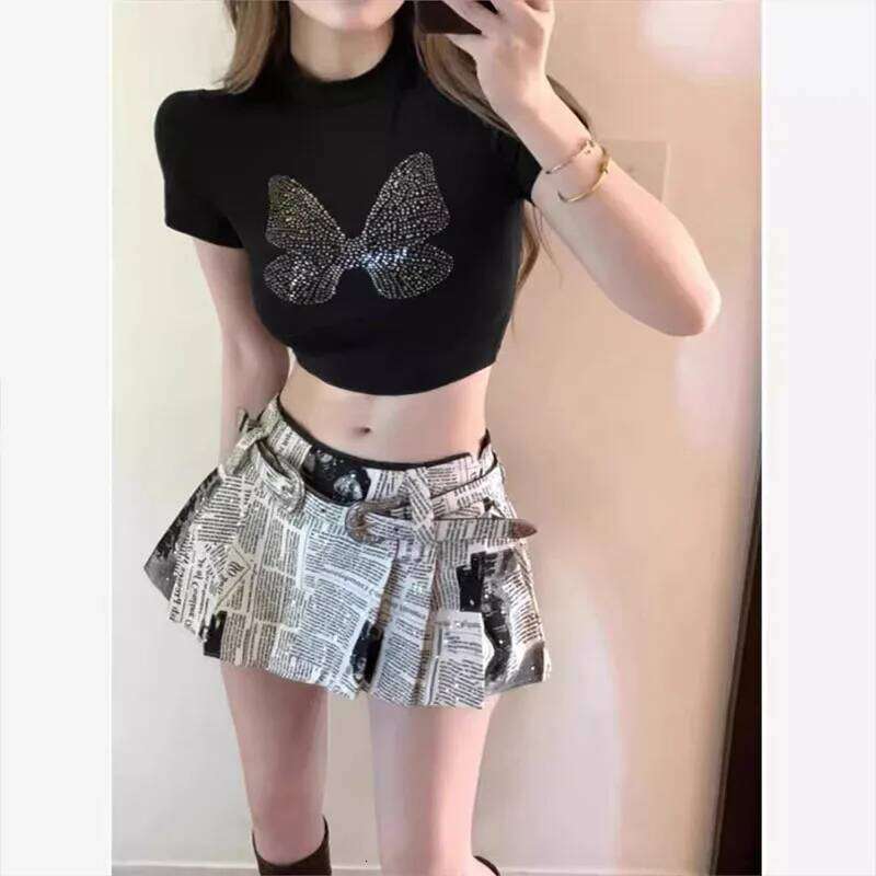 Sexy Newspaper Printed Skirt Women Summer Streetwear Belt High Waist A Line Short Pleated Skirts Girls Casual Shorts Saia Female XJ260309