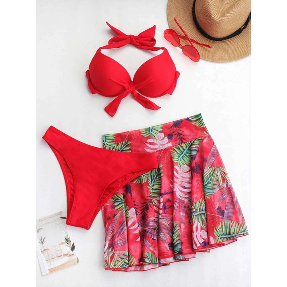 3 Piece Tropical Bikini Halter Push Up Swimsuit & Beach Shirt Swimwear Women 2025 Bathers Bathing Swimming Suit Female Beachwear XJ260206