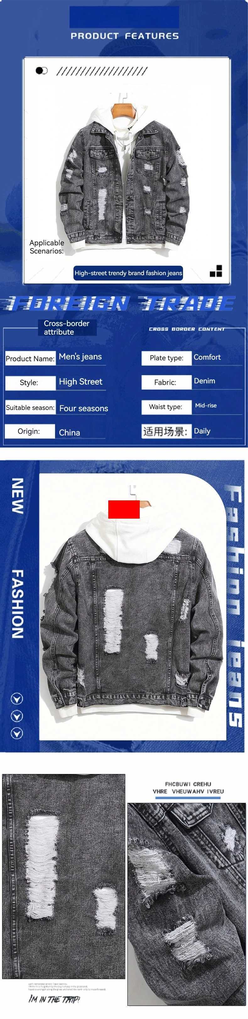 Mens Distressed Denim Jacket Korean Style Loose Fit Casual Coat Trendy Oversized Boyfriend Jean Jacket for Spring Autumn M260309