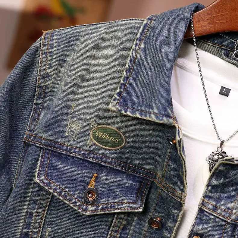 Korean Fashion Stylish Retro Cotton Outerwear Men Single Breasted Casual Jacket Spring Autumn Embroidered Jeans Coat M260309