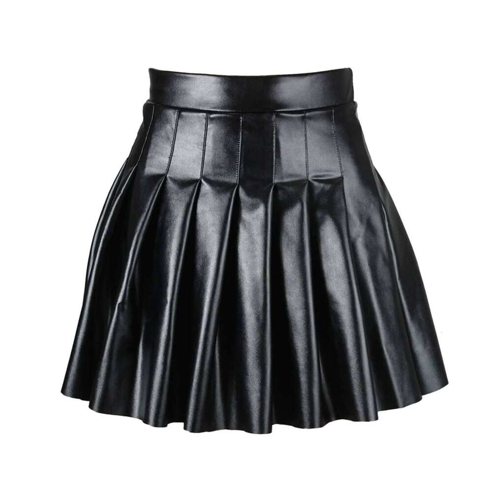 Women High Waist A-line Pleated Skirt y2k E Girls Punk Gothic Black Latex Side Invisible Zip Flared Mini Skirts Chic Club Wear XJ260309