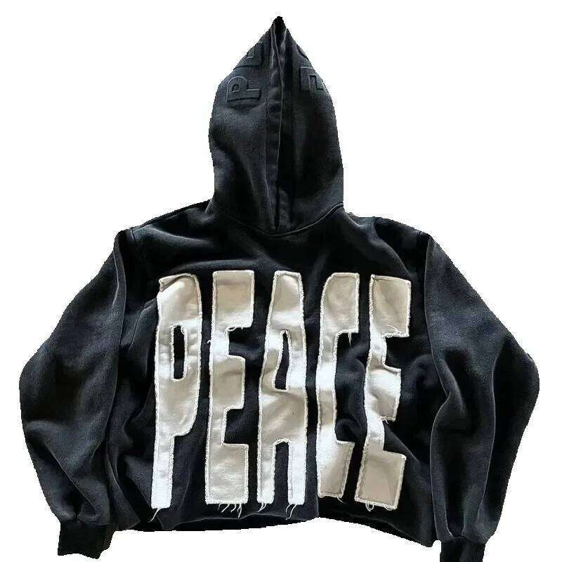 Men's Hoodies Sweatshirts High Street Peace Retro Letter Patch For Men And Women Y2K Harajuku Hip Hop Gothic Casual Joker Clothing Daily Outfit M