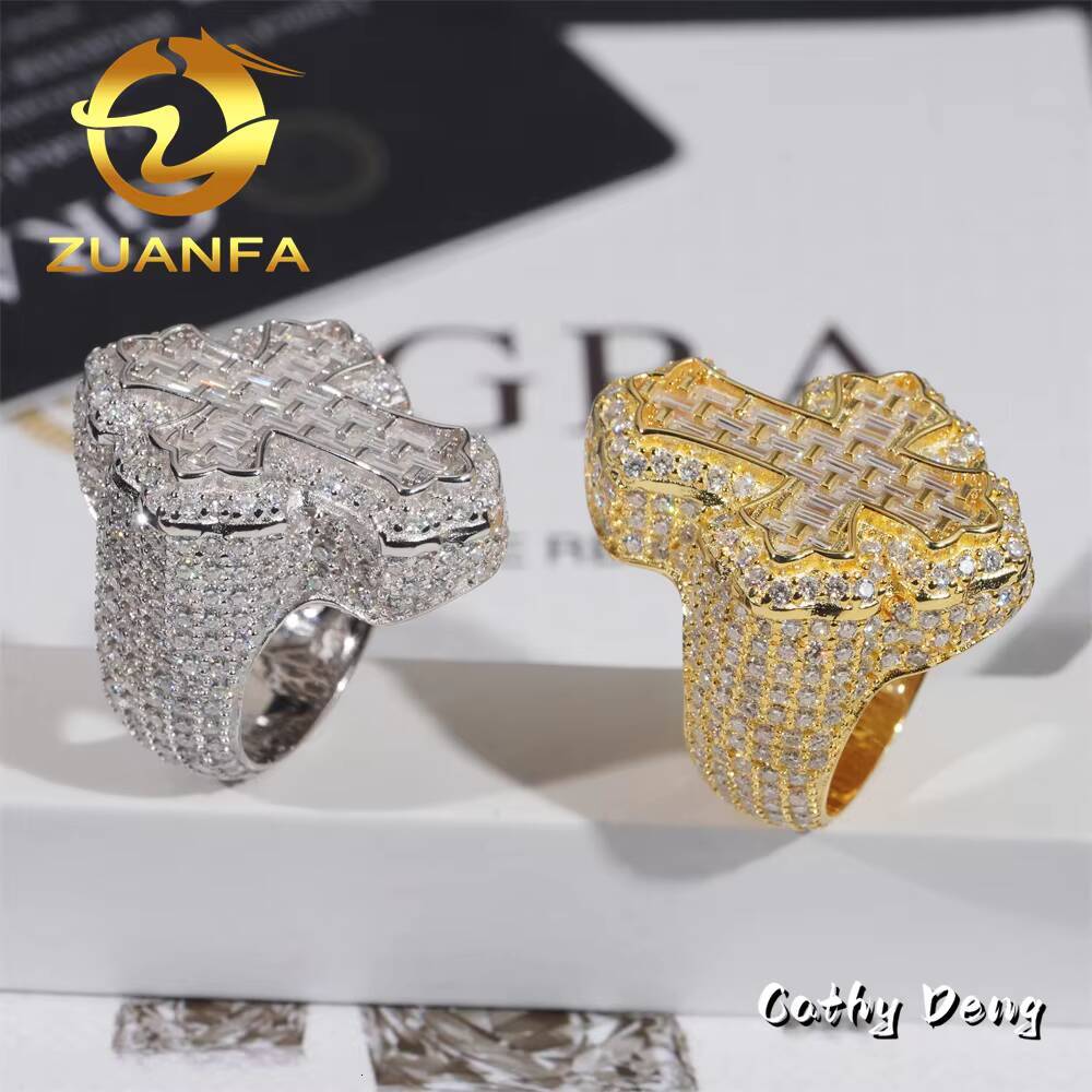 Hot Sale Instock Iced Out Cross Moissanite Diamond Rings 925 Sterling Silver Hip Hop Ring Pass Diamond Tester Men Cuban Ring
