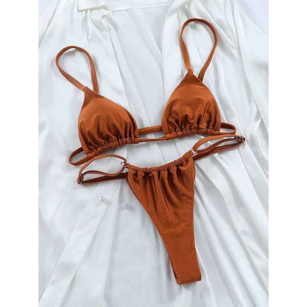 Rinabe Triangle Bikinis Solid Swimwear Women Swimsuit Push Up Bikini Set Bandage Bathing Suits Thong Two Piece Swimsuits Brown XJ260206