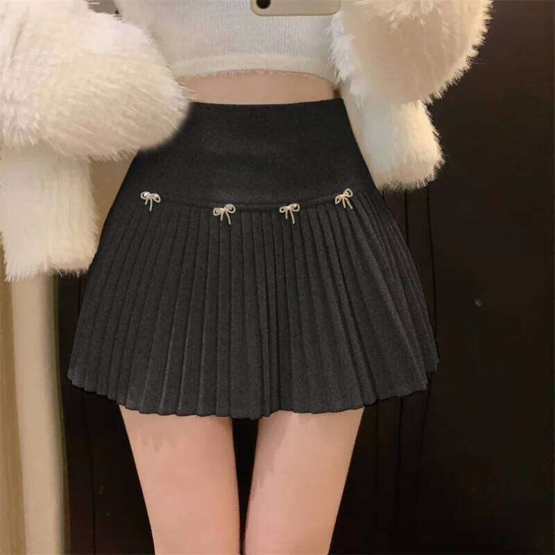 Ezgaga Mini Skirts Women Vintage Bow High Waist Slim Preppy Style Pleated Skirt Girl Fashion Streetwear Sweet Culottes XJ260309