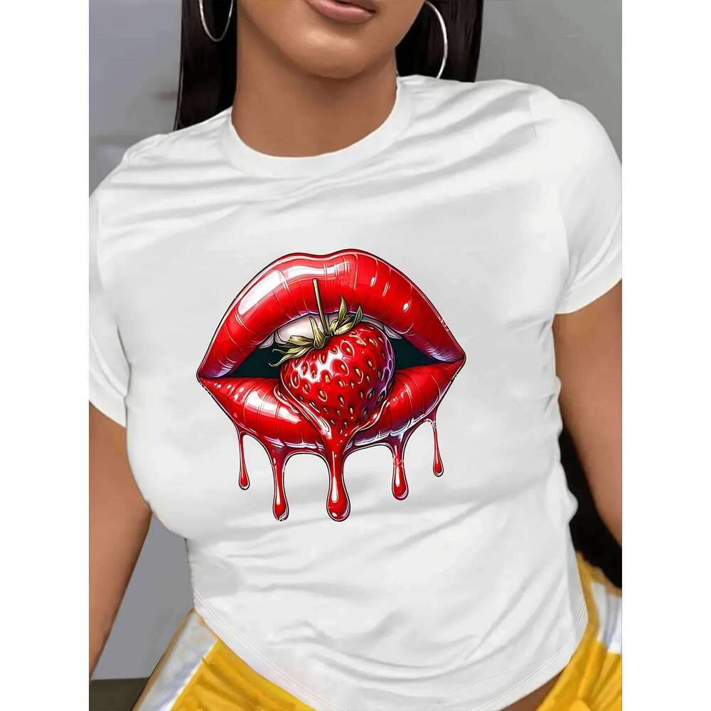 Women's Casual Sleeve T-Shirt Vibrant Orange Graphic Tee with Red Lips Strawberry Print Sleeved Harajuku Streetwear Tops Tees XJ260306