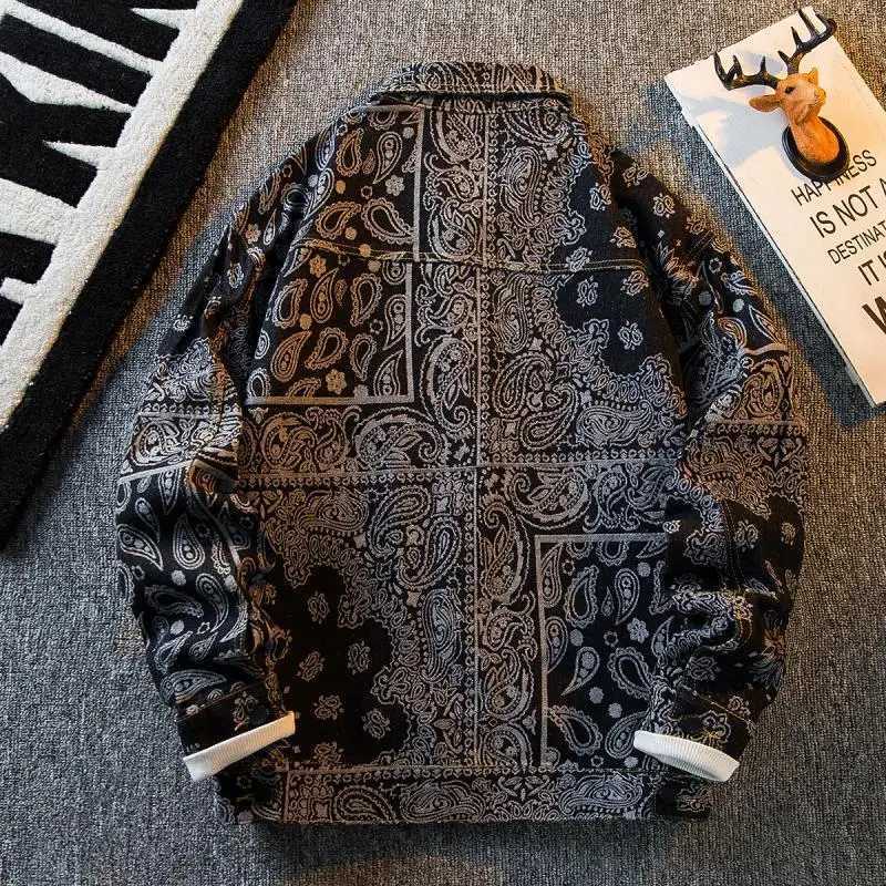 Cashew Flower Denim Jacket Mens Spring and Autumn Handsome Loose Casual Tops Classic Lapel Design Single Breasted Pockets Coats M260309