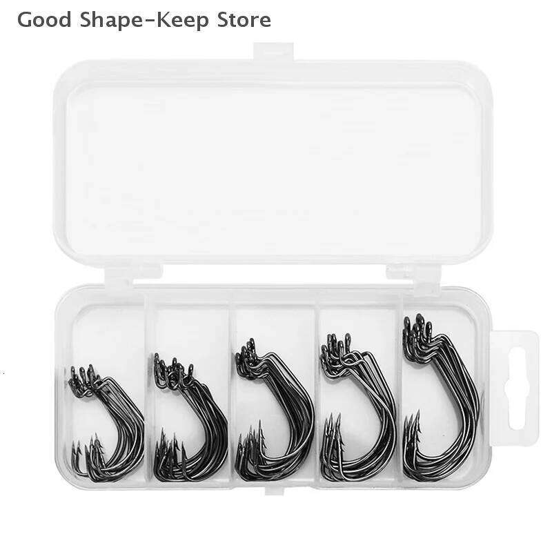 51 Pieces Crank Hook Set Wide Belly Subsoft Bait Hooks Black Red Nickel Plastic Box Packaging for Fishing Gear S260305