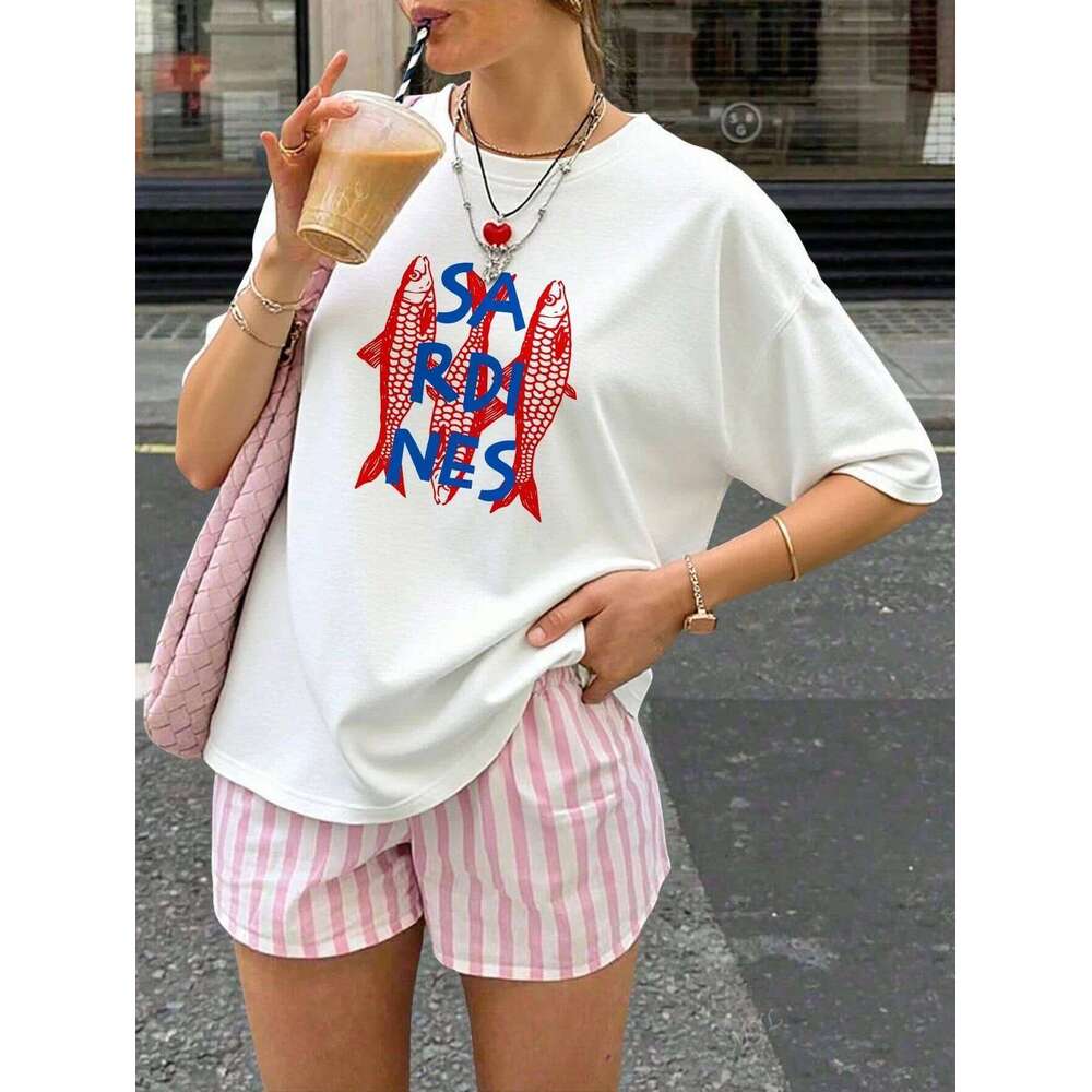 New Women's Cartoon Sardine Printed Casual Fashion Short Sleeve T-shirt Soft Comfortable Summer Women Clothing XJ260306