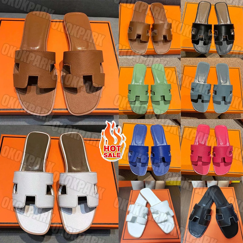 Designer Slides Slippers Indoor Bathroom h sandals oran chypre Womens Luxury Triple Black White Brown Leather Suede Flat Slide Beach Pool Ladies free shipping