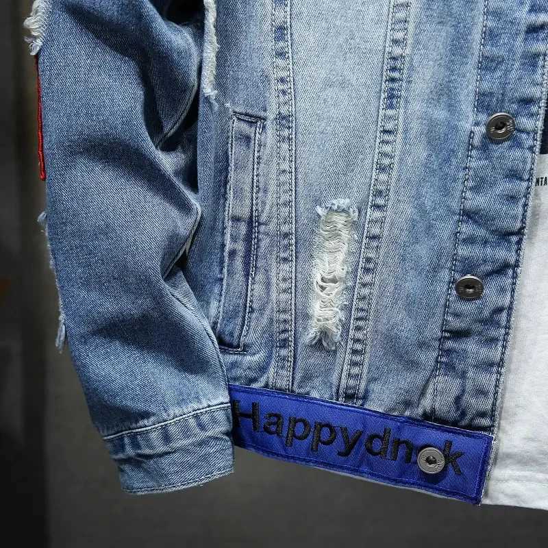 Men Brand Denim Jacket Streetwear Punk Motorcycle Ripped Print Cowboy Coats Casual Hole Loose Male Jeans Outwear M260309