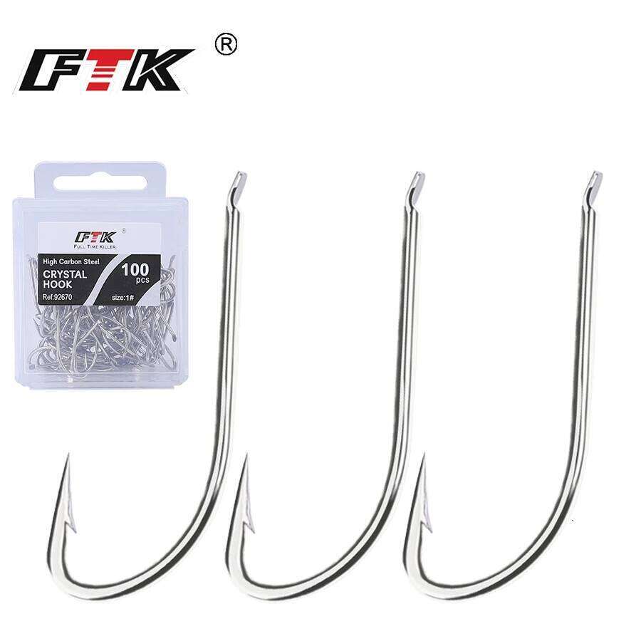 FTK 100PCS Saltwater High Carbon Steel White Single Worm Hook Crank Barbed Fishhook for Bass Fishing Tackle S260305