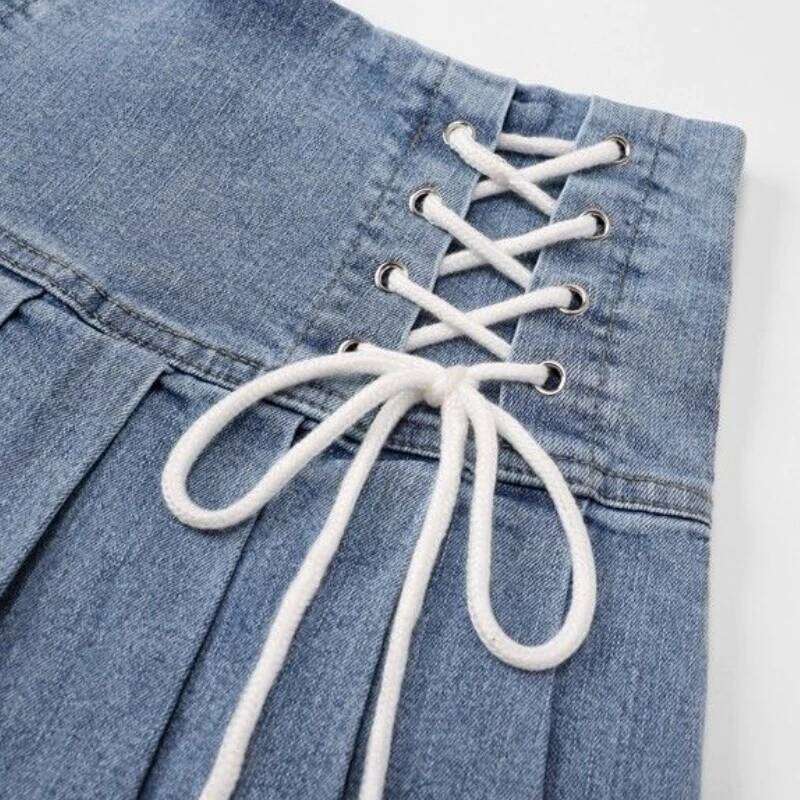 Denim Pleated Skirts Women Cute Lace-up Chic Girlish Summer Mini Skirt Korean Style Fashion Sexy High Waist Streetwear College XJ260309