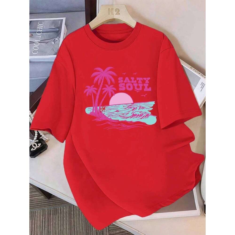 Women T-Shirt Summer Salty Soul Waves Beach Coconut Trees Prints T Shirt Soft Loose Round-Neck Tops Casual Woman Clothes XJ260306