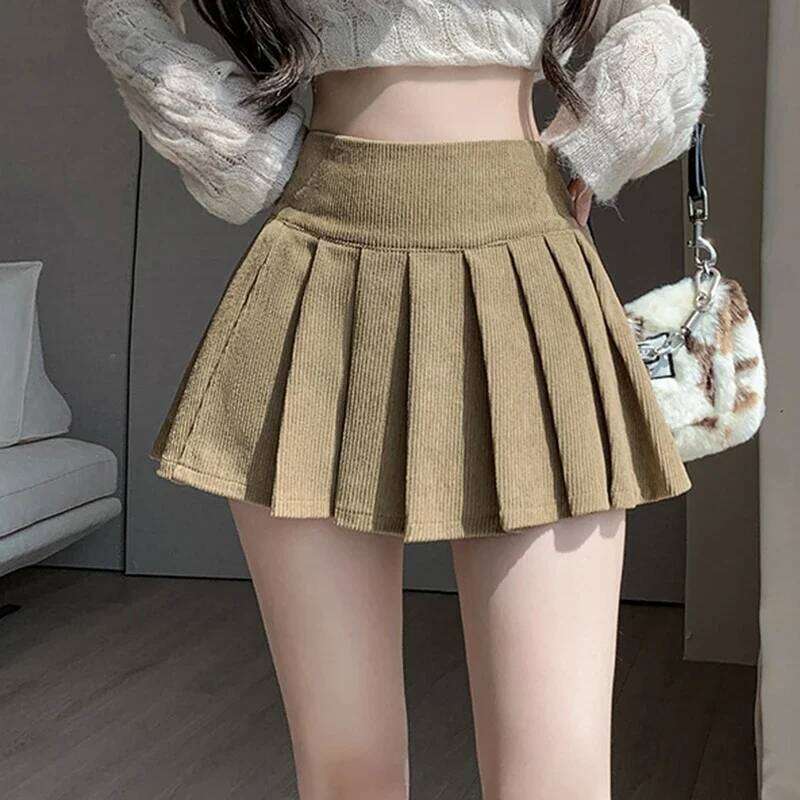 Autumn Winter Retro Women's Corduroy Pleated Skirt 2024 High Waist Casual Vintage School Short Saias Femme XJ260309