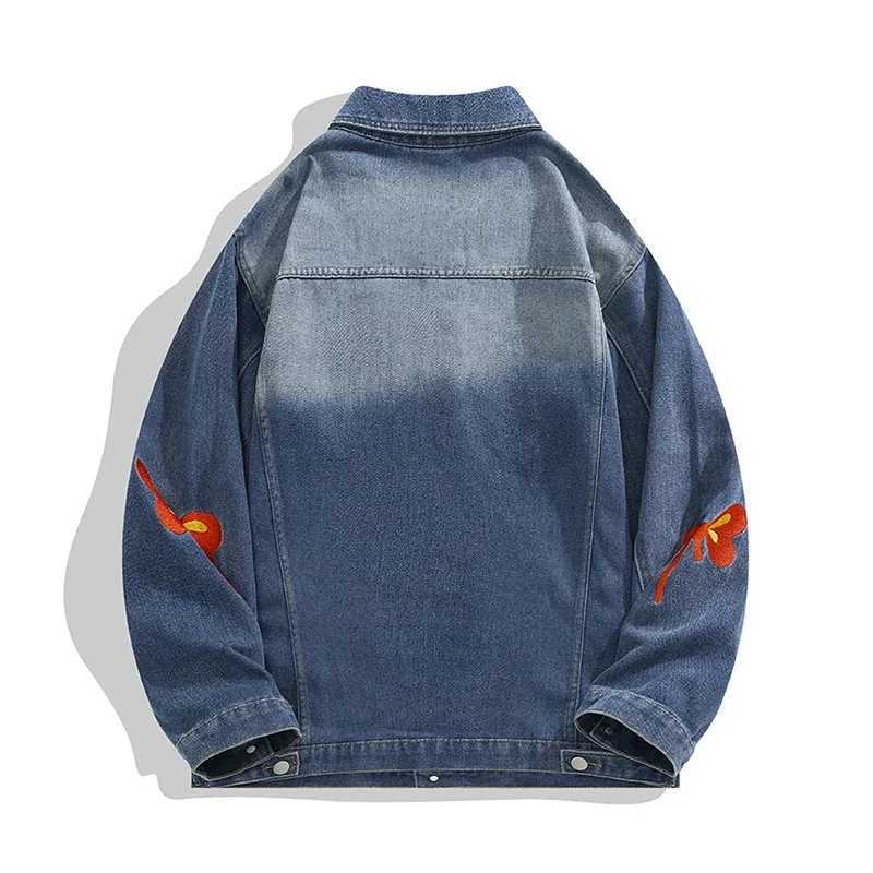Retro Butterfly Embroidered Denim Jacket High Street Hip-hop Patch Personalized Jacket Mens Vintage Techwear Bomber Jeans Coat M260309