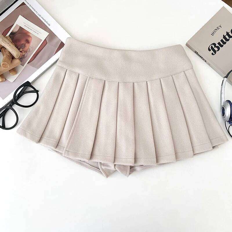 Women's Pleated Mini with Side Slit Built-in Shorts Low Rise Thick Wool Skirt Teen-girl Skort Autumn Winter Y2K Coquette XJ260309