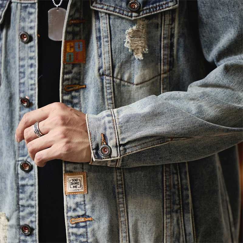 2025 Retro Hole Denim Jacket Mens Spring Autumn New Trend Brand Cool American Retro Style Casual Jacket for Men M260309