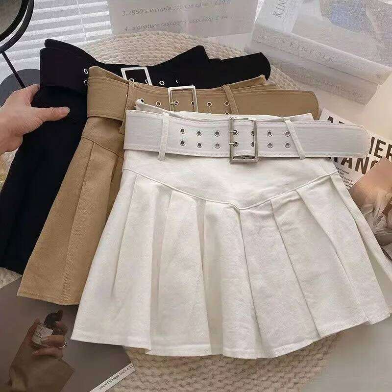 Xpqbb Summer Pleated Skirt Women Korean Fashion with Belt Mini Girl Kawaii High Waist School Uniform A-Line Short Skirts XJ260309
