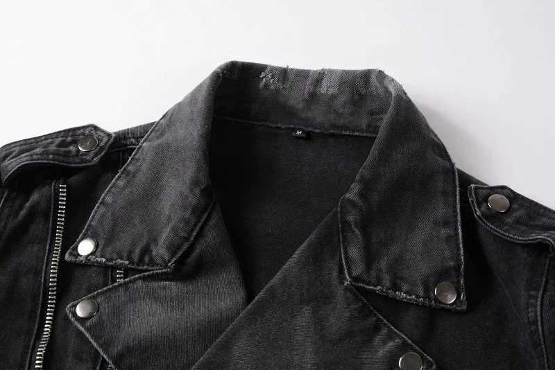 Mens Jacket Zippers Black Denim Jean Biker Jacket Motorcycle Vintage Epaulet Holes Ripped Distressed Coat for Men M260309