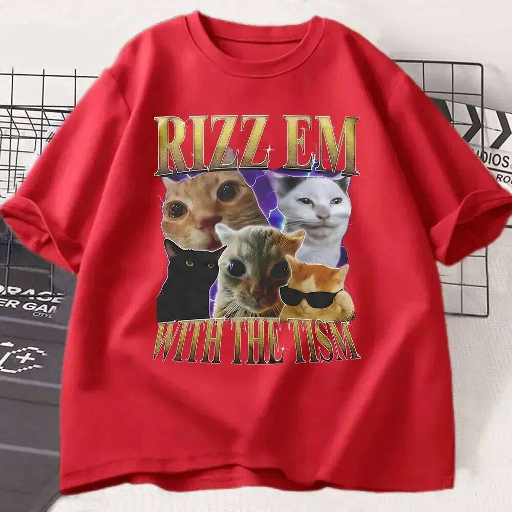Rizz Em with The Tism T-Shirt Retro Funny Cat Summer T Shirt Tops Women Clothing Casual Short Sleeve T-Shirts graphic Y2K XJ260306