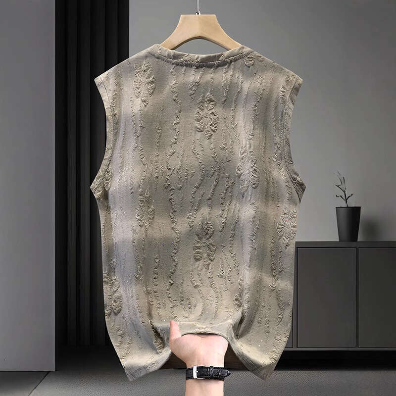 New Summer T-Shirt For Men Trendy Versatile Loose Sleeveless Tee Round Neck Casual Distressed Tank Top