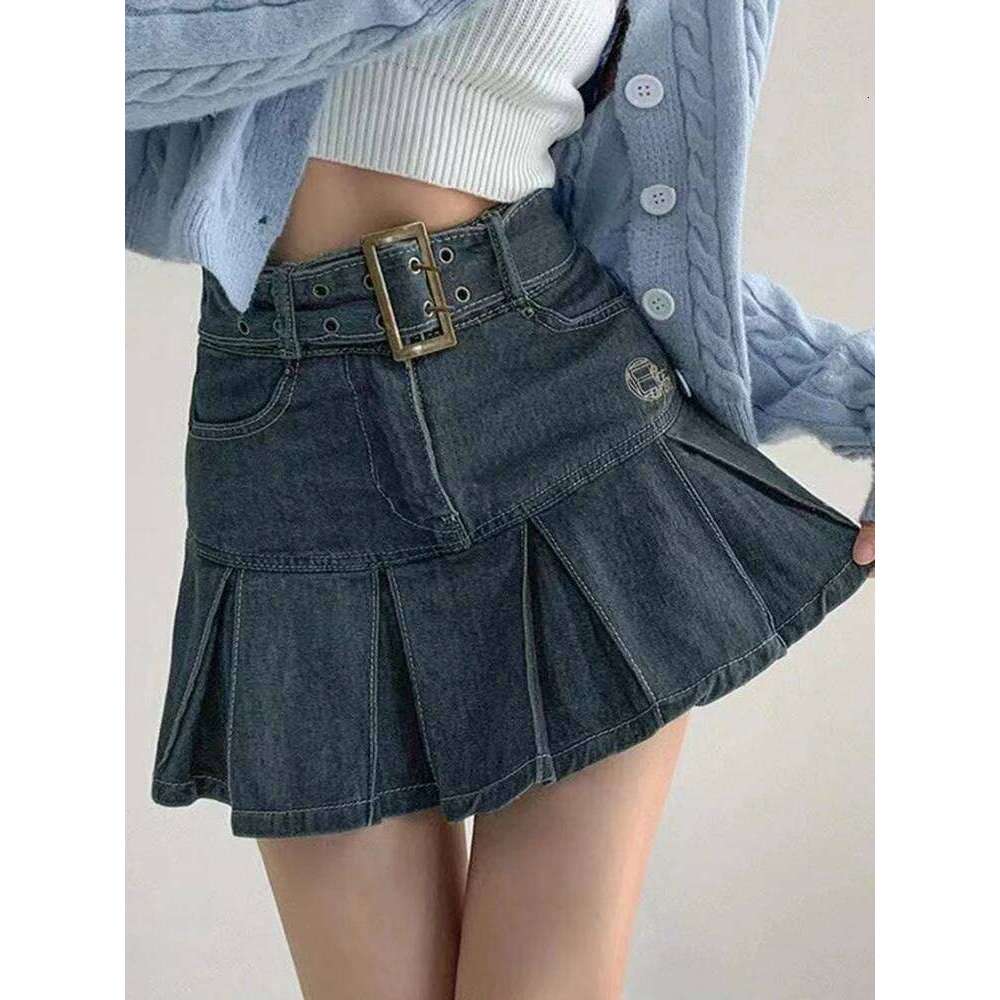 Embroider denim women's clothing spring and summer retro pleated empire look slimmer mini skirt XJ260309