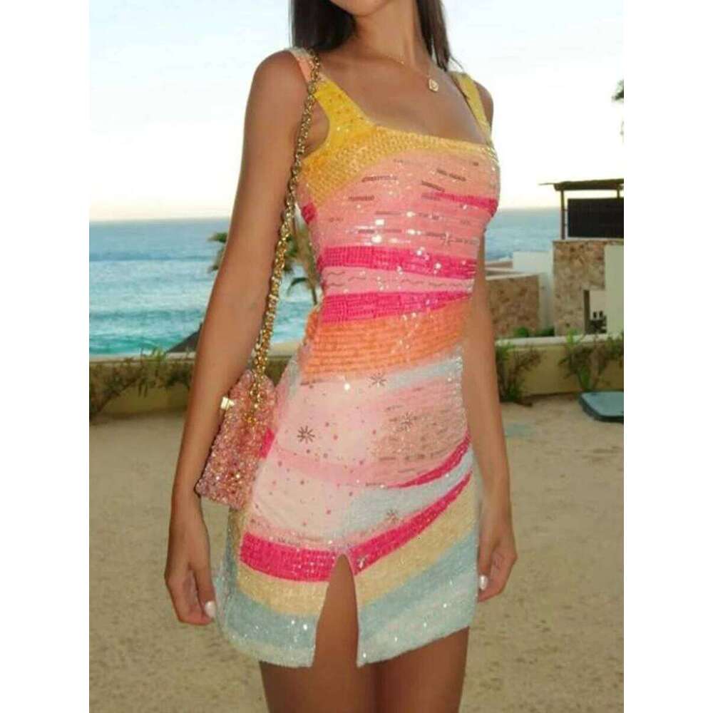 Muse Elegant Lady Fit Banquet Short Fashion Sequins Sleeveless Halter Evening Summer New Women High Waist Wrap Hips Dress
