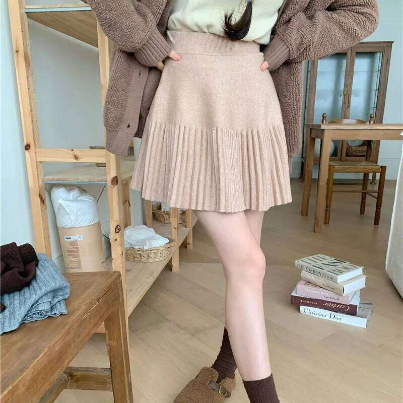 Solid High Waist Knitted Pleated Skirt Women Autumn Winter Sweet Preppy Style Mini Korean Chic Slimming A-Line Skirts XJ260309