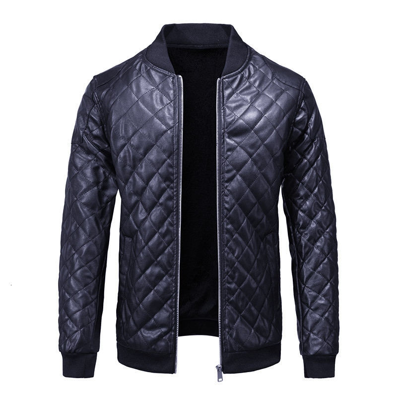 Zipper pocket straight hem autumn and winter casual youth black standup collar mens leather jacket with cotton lining