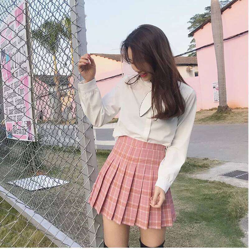 Pleated Female Student Korean Spring Summer Y2k New High Waist Slimming College Style A- Line Pink Plaid Skirt Women XJ260309