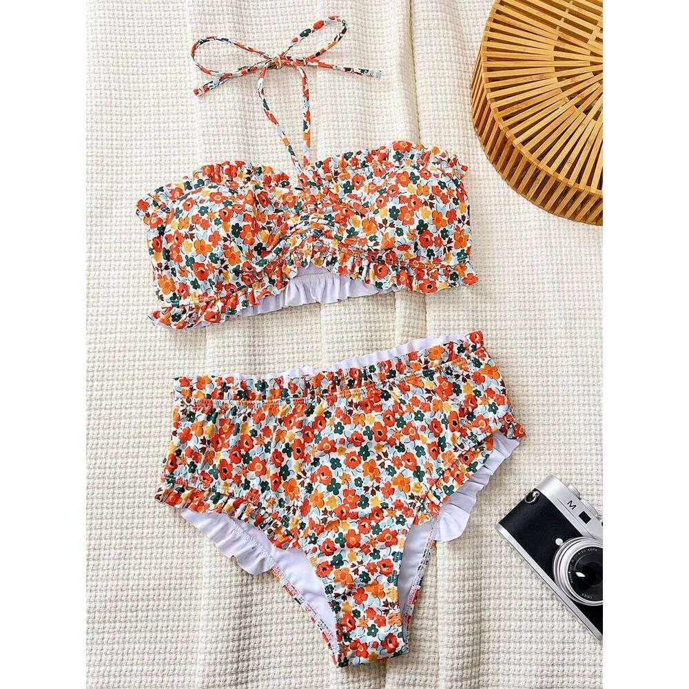 Flowers Printed Ruffled Bandeau Female Swimsuit High Waist Women Swimwear Two-pieces Bikini set Bather Bathing Suit Swim XJ260206