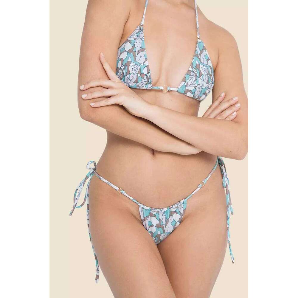 Sexy Mini Bikini Women String Triangle Swimsuit Print Swimwear Halter Lace Up Bikinis Set Backless Low Waist Thong Biquini XJ260206