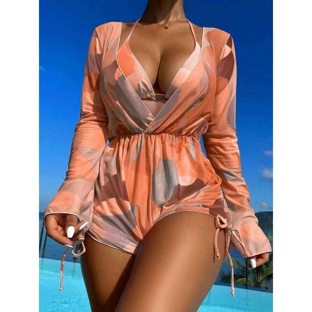 3 Pieces Triangle Halter String Bikini Long Sleeve Swimsuit Women Swimwear Female Bathers Bathing Swimming Swim Suit XJ260206