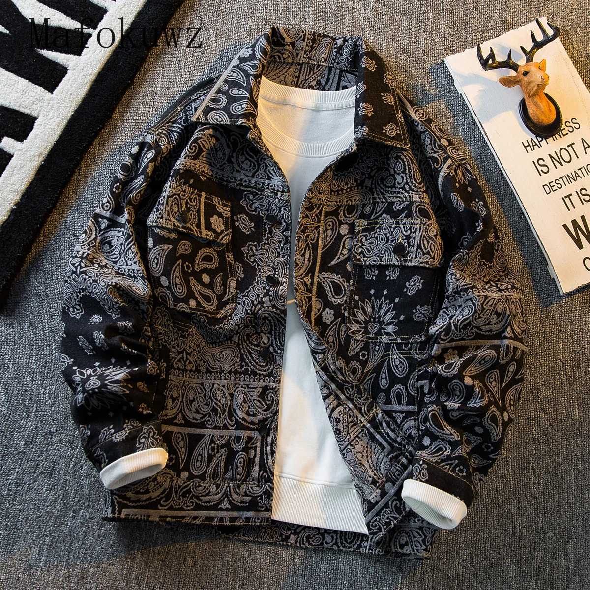 Autumn Retro Ethnic Style Jacquard Denim Jackets Mens Handsome Loose Casual High Street Workwear Jacket Tops Male Clothes M260309