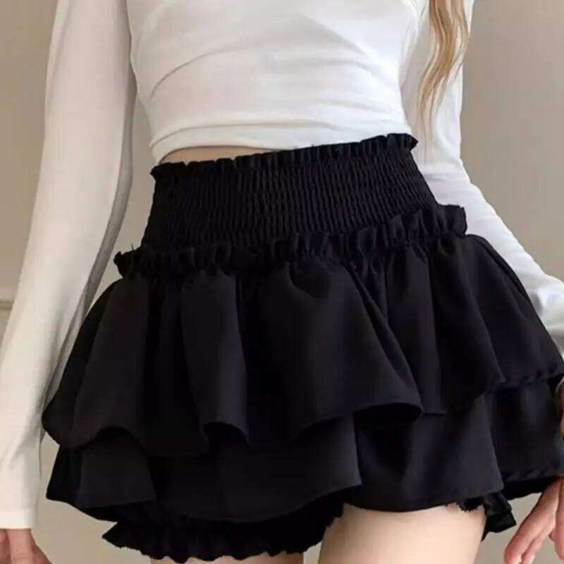 Womens Shirred High Waist Tiered Ruffle A Line Short Skirt Japanese Ballet Styles Layered Skater Skort with Bloomers XJ260309
