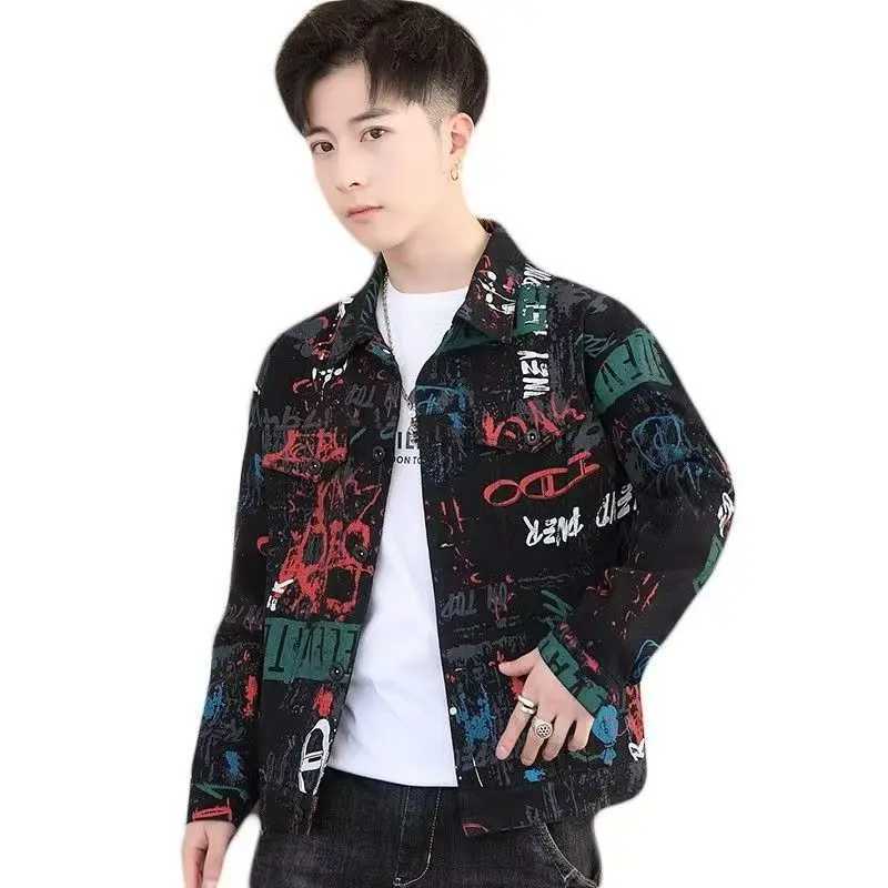 Vintage Loose Mens Print Denim Jacket Spring Autumn Casual Long Sleeve Outerwear Coat M260309
