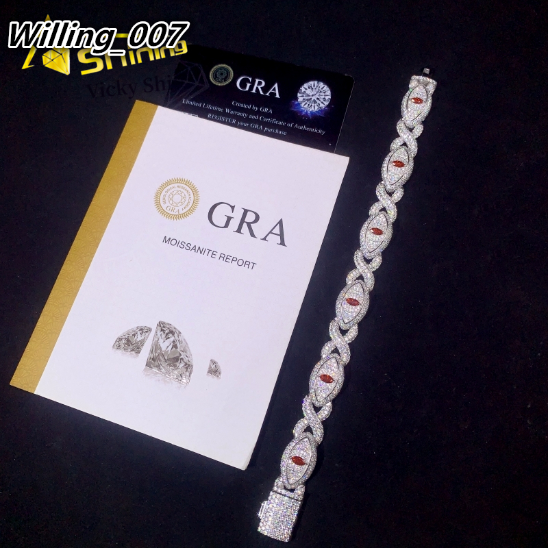 New Design S925 Silver Iced Out Moissanite Evil Eyes Cuban Link Bracelet Custom Men Full Diamond Hip Hop Cuban Bracelet