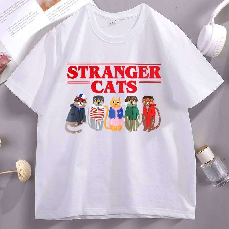 Stranger Cats T-Shirt Funny Printed Cotton Short Sleeve Loose Tee Shirt Soft High Quality O Neck Tshirt Breathable Casual Tops XJ260306