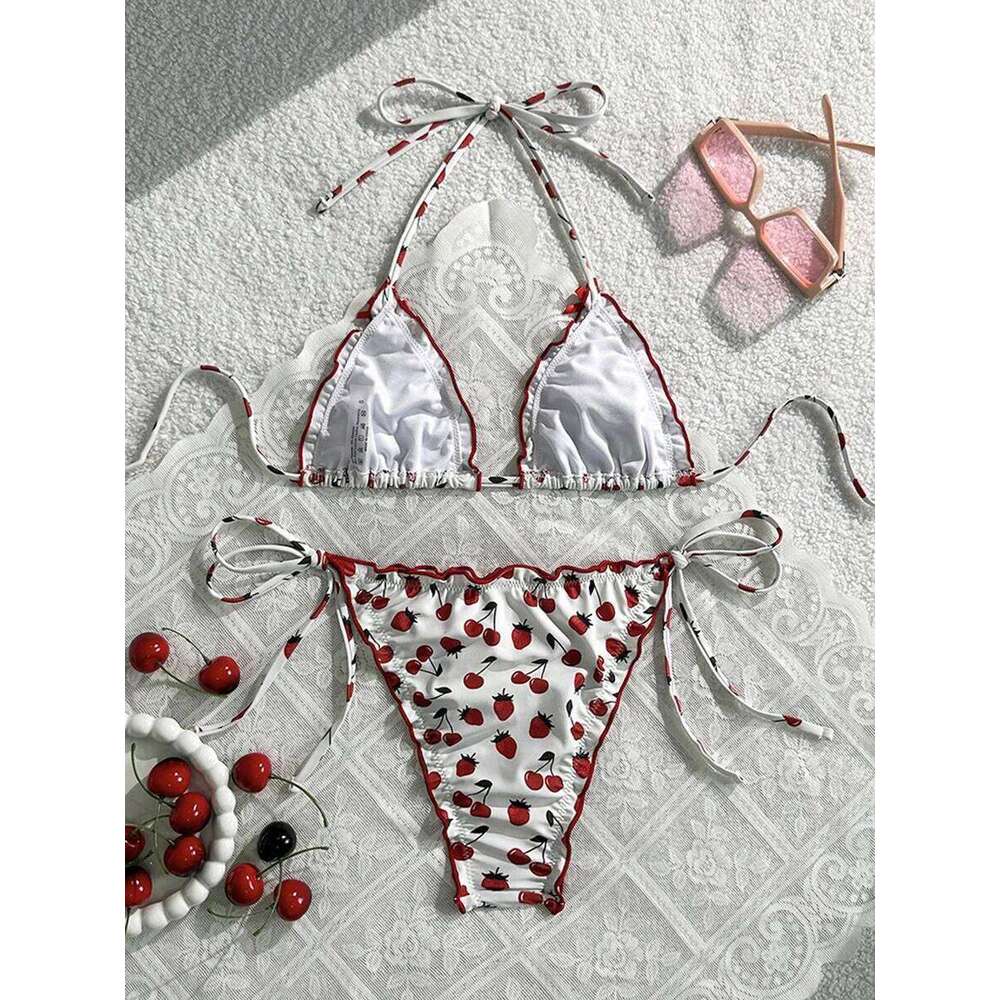 Cherry Print Halter Ruffled Frill Women Swimwear Female Swimsuit Two-pieces Bikini Set Bather Bathing Suit Swim Beachwear XJ260206