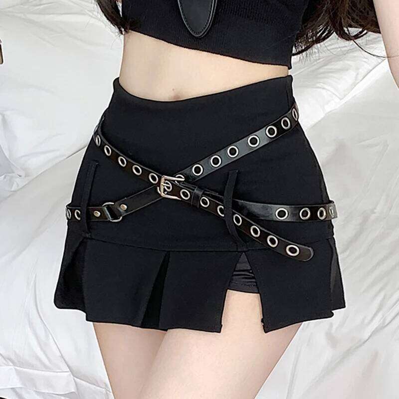 Retro Slit Women Sexy American Hotsweet Cross Sashes Black High Waist Mini Skirt Summer Vintage A Line Slim Simple Skirts XJ260309