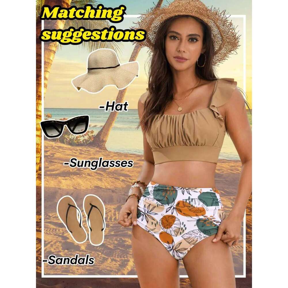 Women 2 Piece High Waisted Bikini Set, Floral Ruffle Tummy Control Swimsuit, Ruched Modest Full Coverage Bathing Suit XJ260206