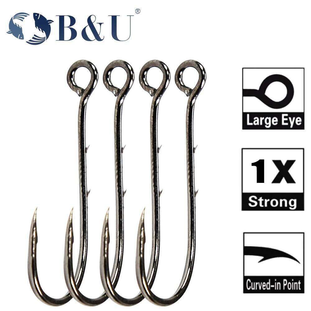 B&U 20 pcs hook Long Shank Barbed Round Bent Joint Big Eye Ring Worm Hook Fishing Lure Spoon Spinner S260305