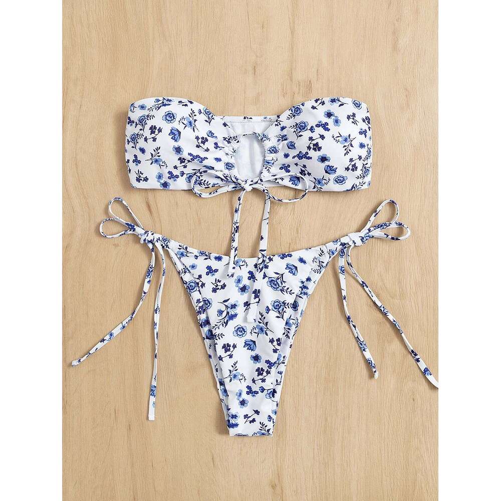 Cross-border printed bikini bandeau split swimsuit set XJ260206