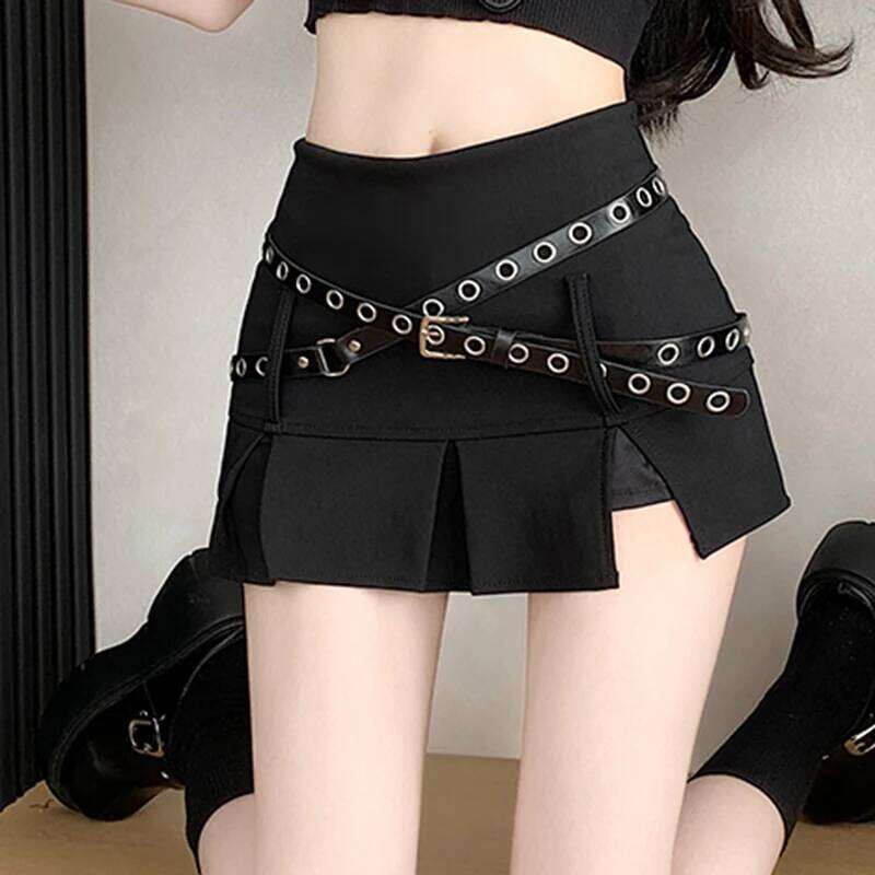 Retro Slit Women Sexy American Hotsweet Cross Sashes Black High Waist Mini Skirt Summer Vintage A Line Slim Simple Skirts XJ260309