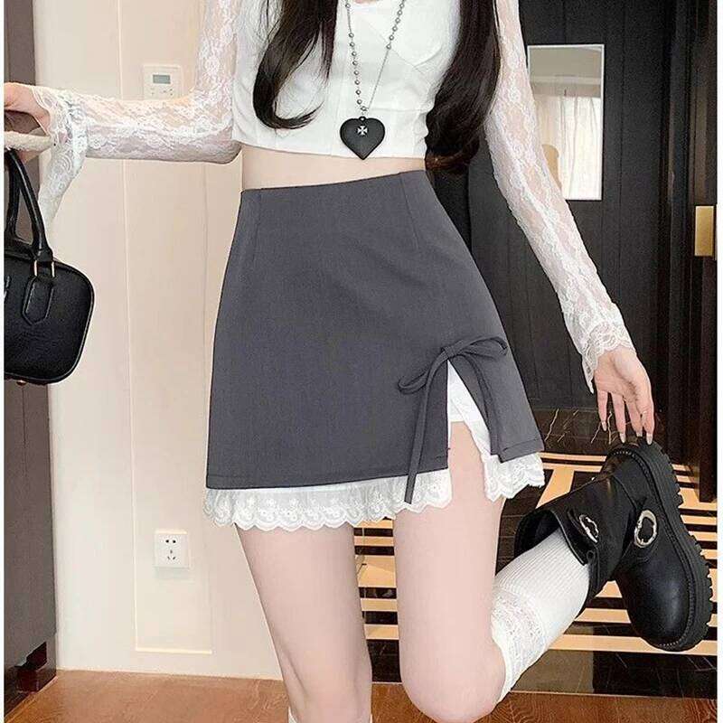 Sweet Bow Up Women Mini Korean Elegant Spliced Lace Design A-line Stylish High Waist Slimming Female Slit Skirt XJ260309